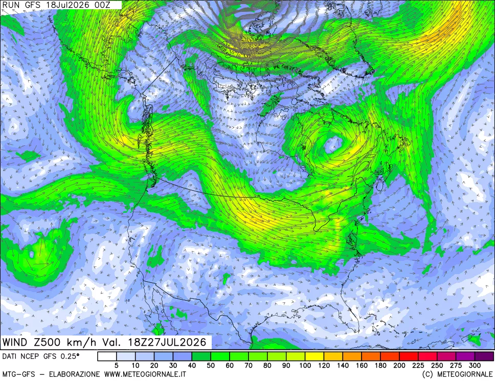 mappa 500 hPa Vento forza e direzione
