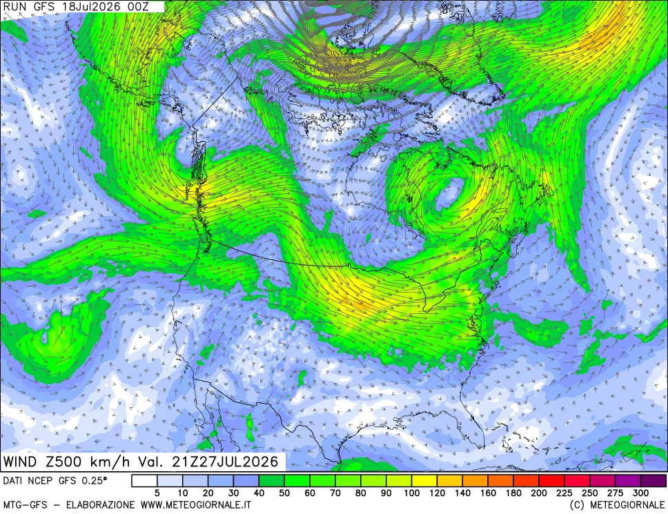 mappa 500 hPa Vento forza e direzione