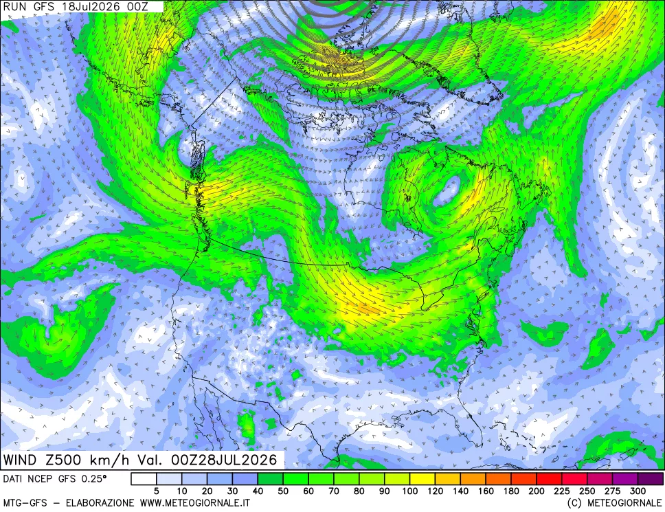mappa 500 hPa Vento forza e direzione