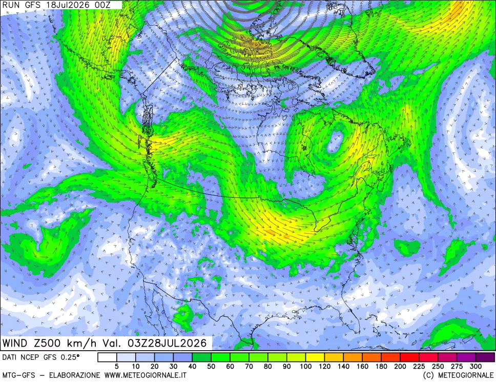 mappa 500 hPa Vento forza e direzione