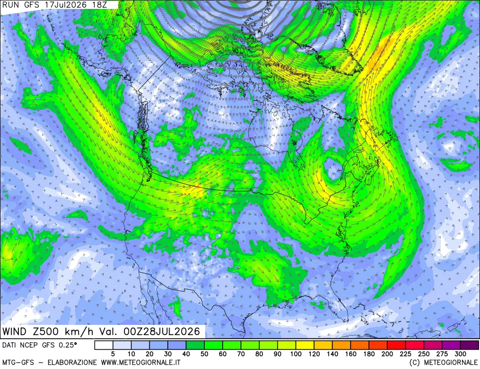 mappa 500 hPa Vento forza e direzione