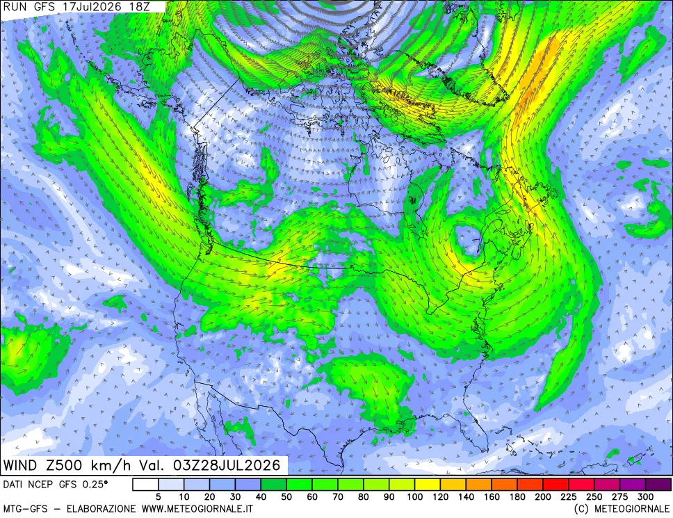 mappa 500 hPa Vento forza e direzione