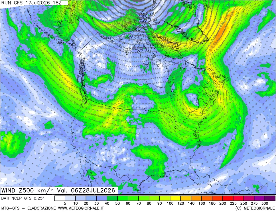 mappa 500 hPa Vento forza e direzione