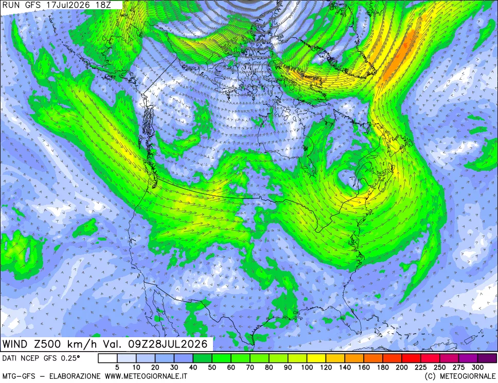 mappa 500 hPa Vento forza e direzione