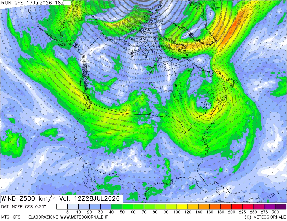 mappa 500 hPa Vento forza e direzione