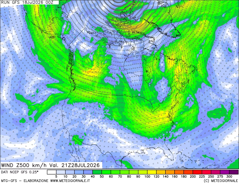 mappa 500 hPa Vento forza e direzione