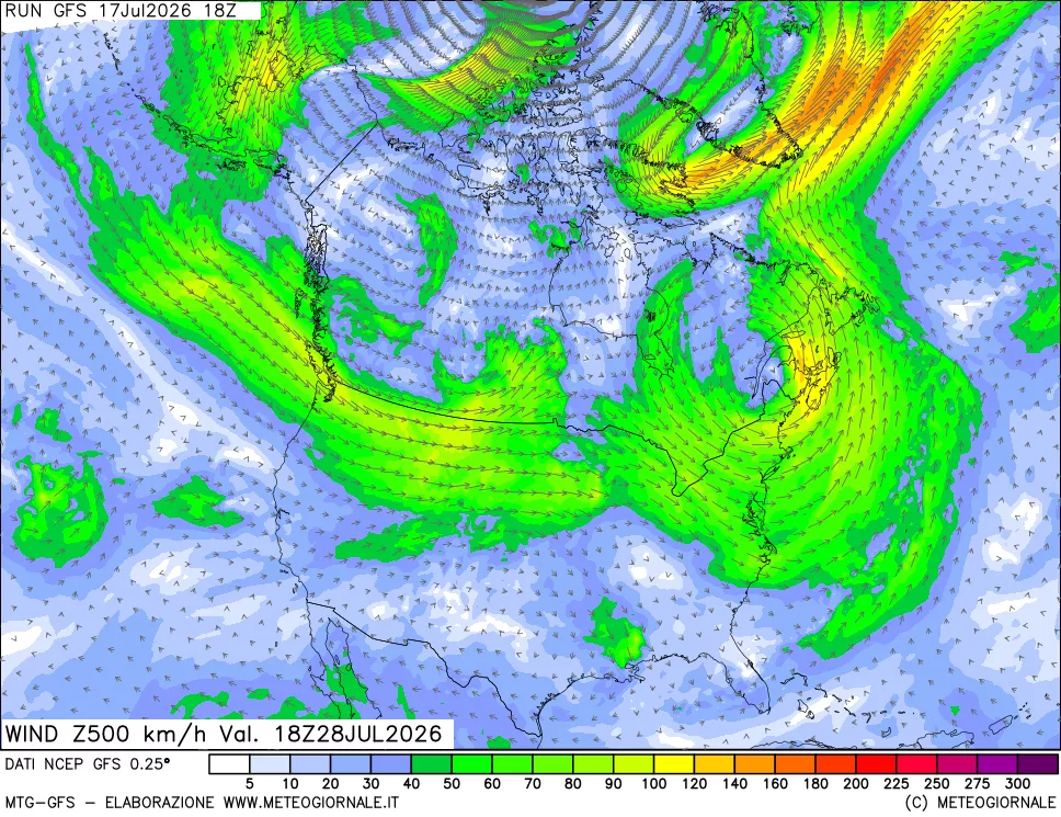 mappa 500 hPa Vento forza e direzione