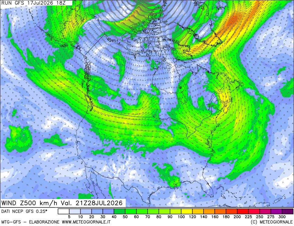 mappa 500 hPa Vento forza e direzione