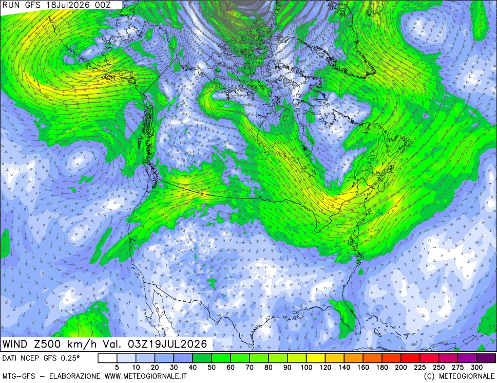 mappa 500 hPa Vento forza e direzione