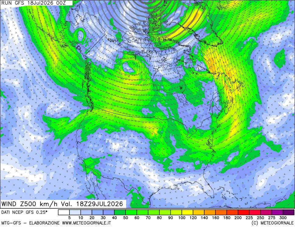 mappa 500 hPa Vento forza e direzione