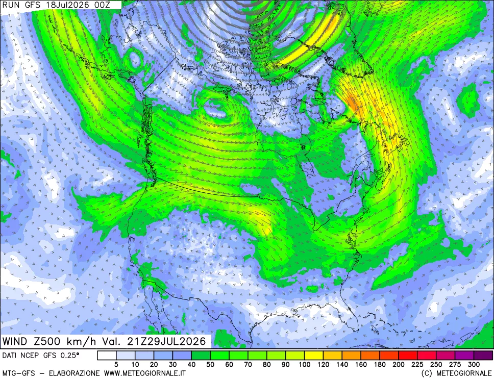 mappa 500 hPa Vento forza e direzione