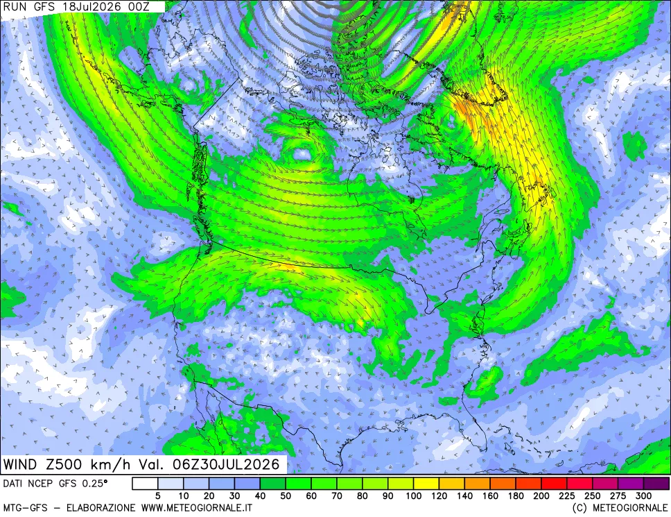 mappa 500 hPa Vento forza e direzione
