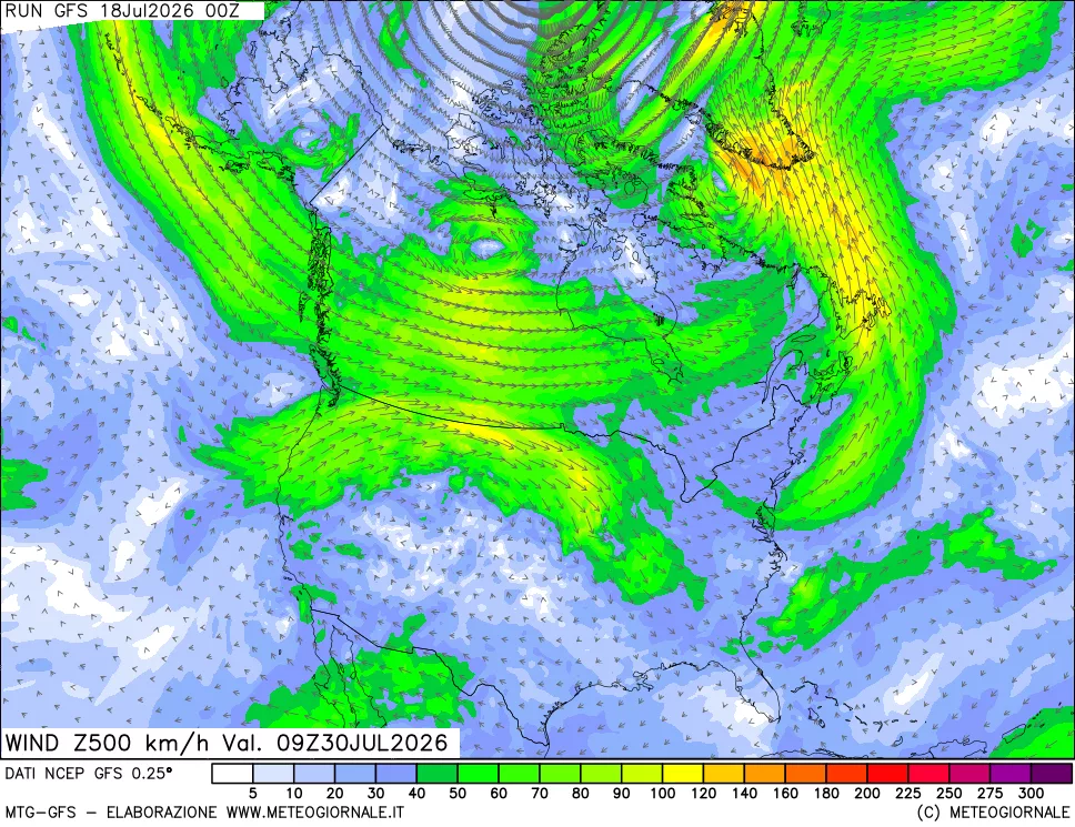 mappa 500 hPa Vento forza e direzione