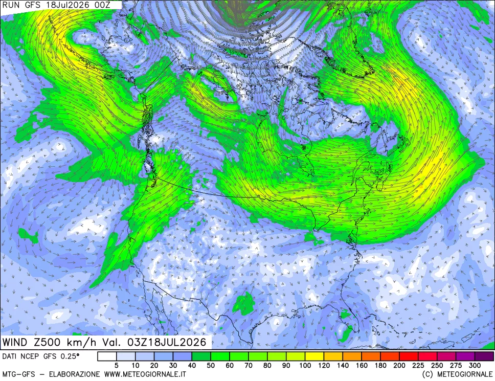 mappa 500 hPa Vento forza e direzione