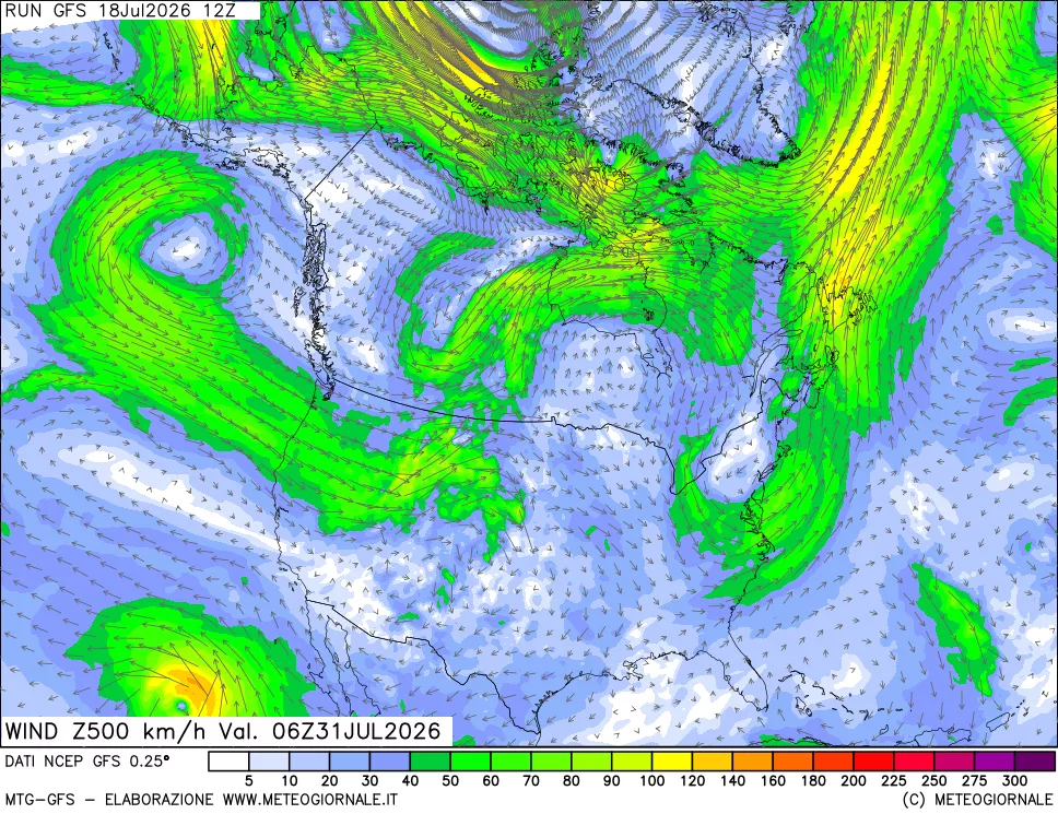 mappa 500 hPa Vento forza e direzione