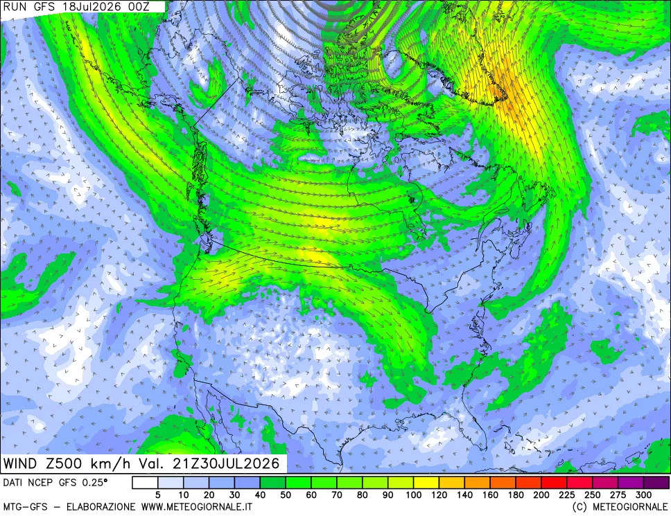 mappa 500 hPa Vento forza e direzione