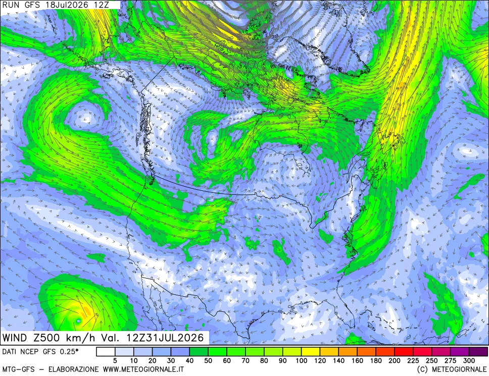 mappa 500 hPa Vento forza e direzione