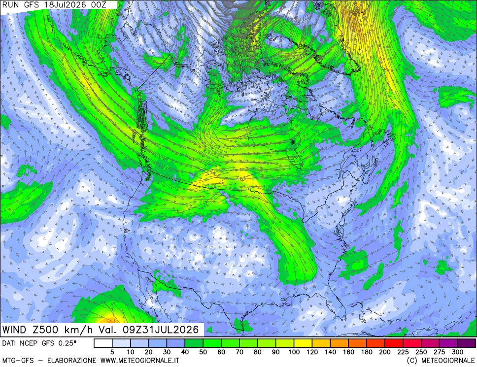 mappa 500 hPa Vento forza e direzione