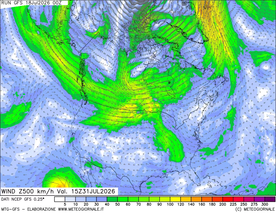 mappa 500 hPa Vento forza e direzione