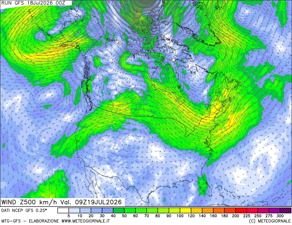 mappa 500 hPa Vento forza e direzione