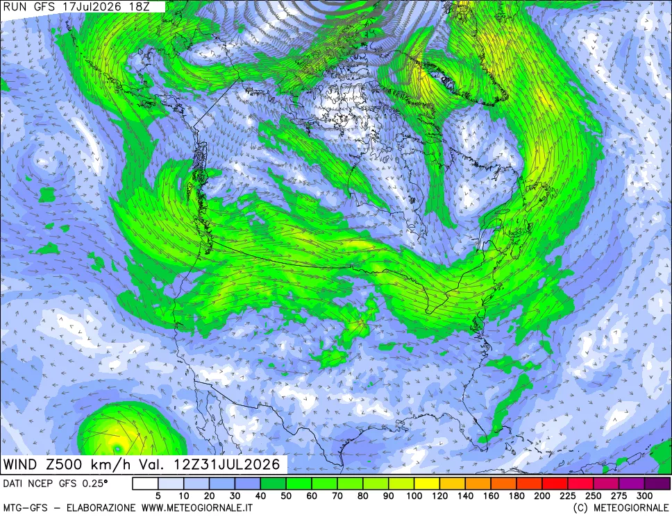 mappa 500 hPa Vento forza e direzione