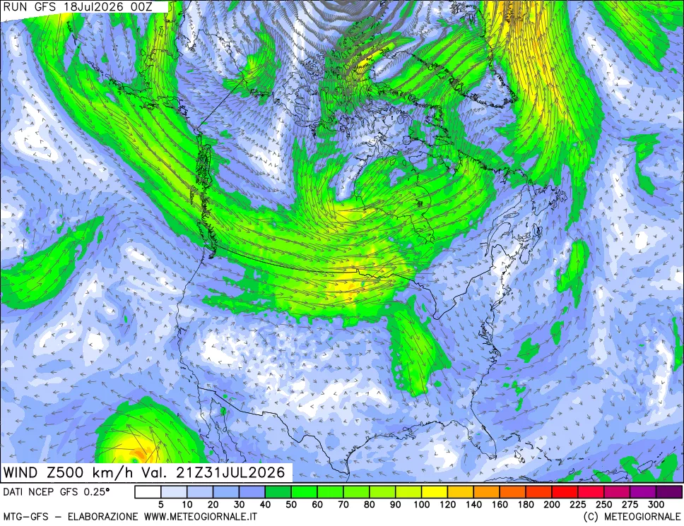 mappa 500 hPa Vento forza e direzione