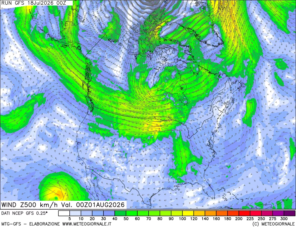 mappa 500 hPa Vento forza e direzione