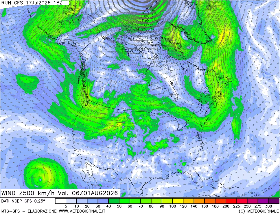 mappa 500 hPa Vento forza e direzione