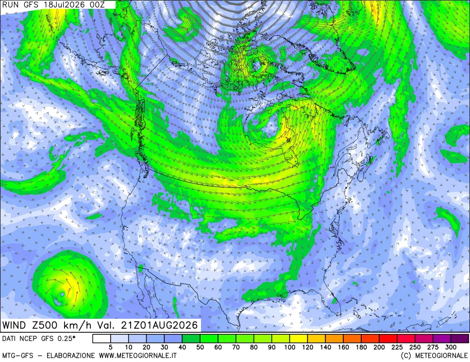 mappa 500 hPa Vento forza e direzione