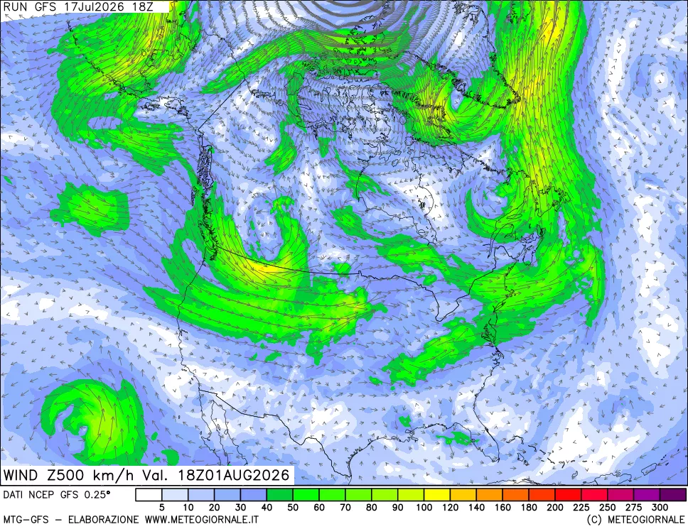mappa 500 hPa Vento forza e direzione