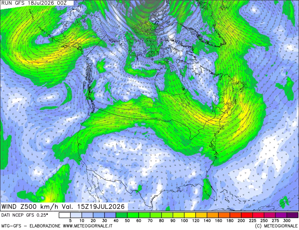 mappa 500 hPa Vento forza e direzione