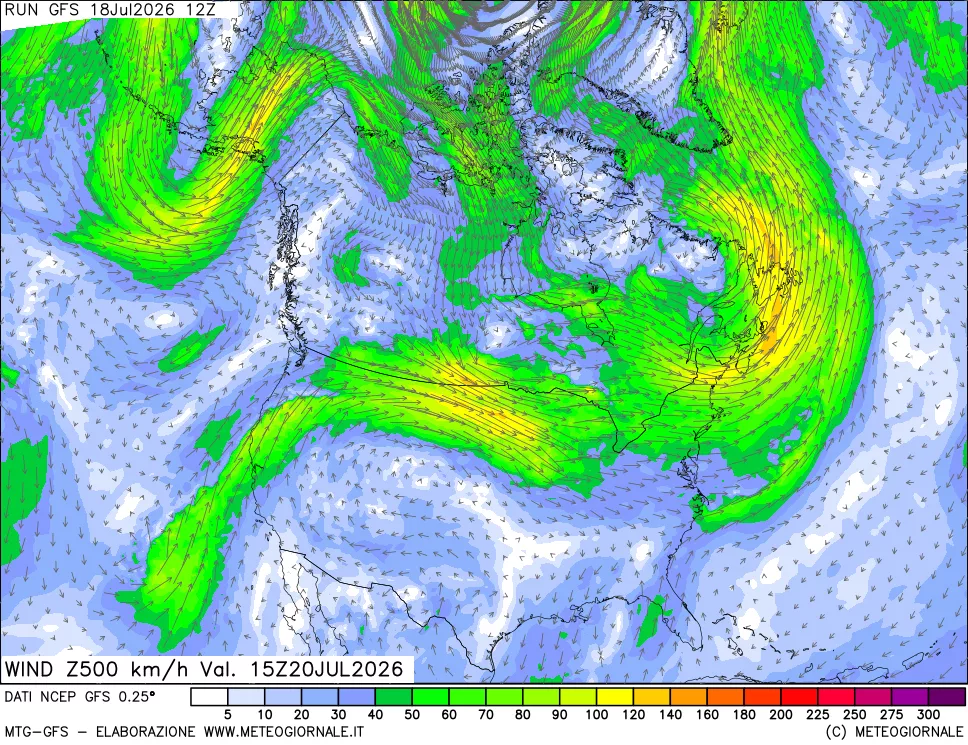 mappa 500 hPa Vento forza e direzione