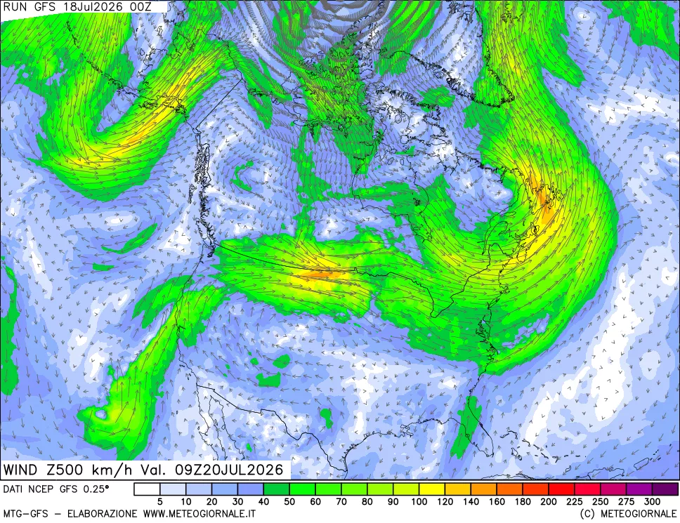 mappa 500 hPa Vento forza e direzione