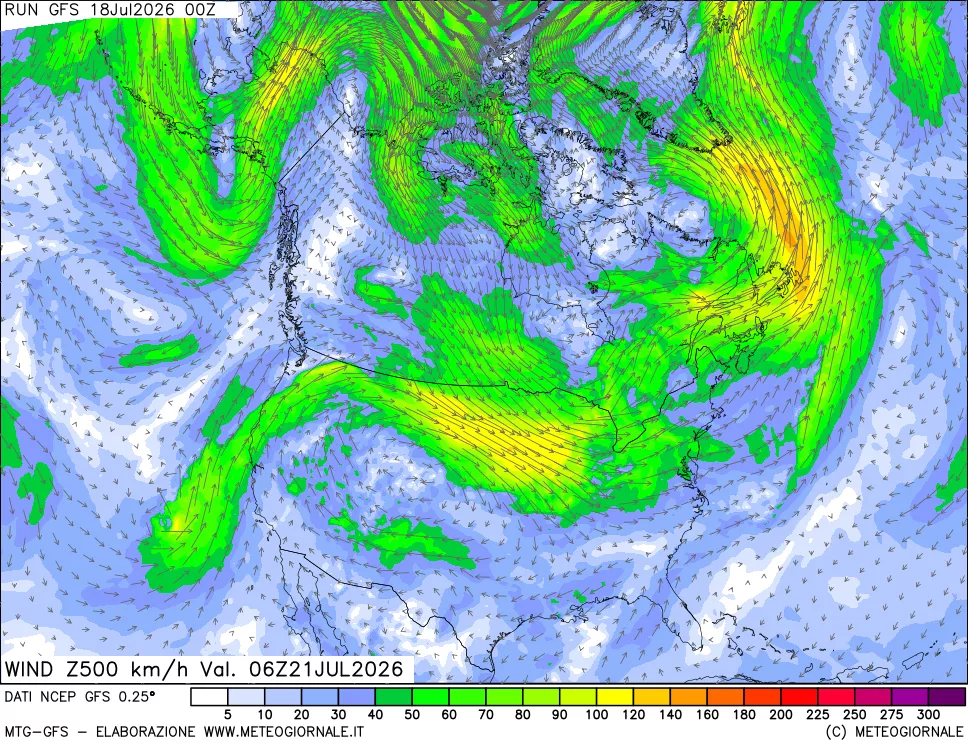 mappa 500 hPa Vento forza e direzione