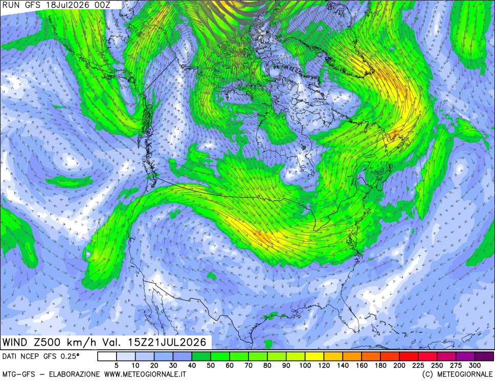mappa 500 hPa Vento forza e direzione