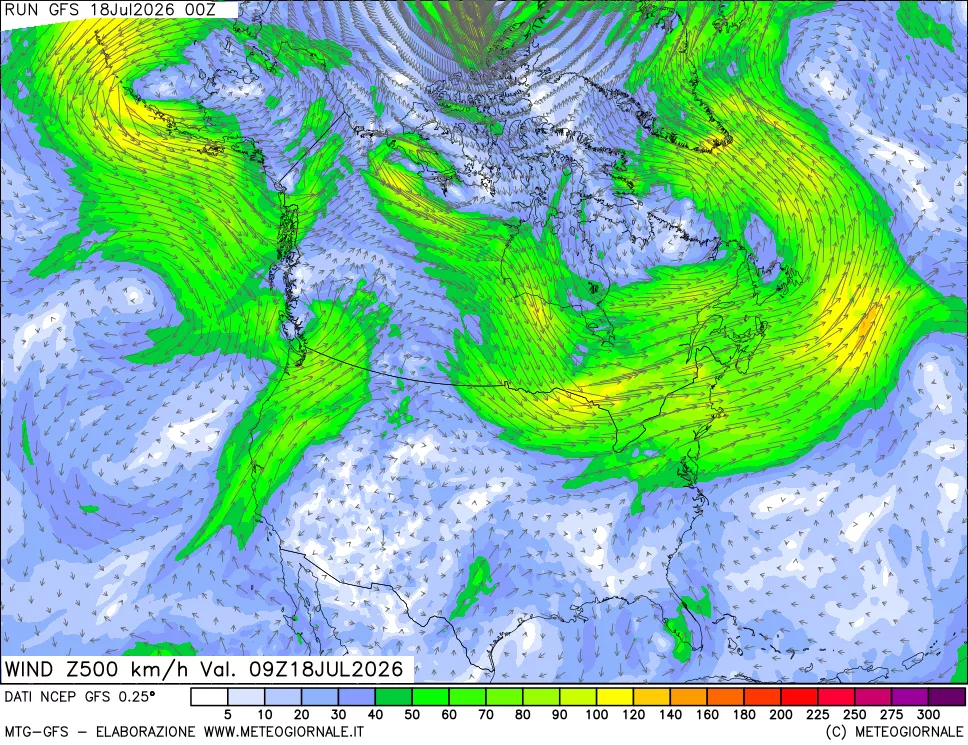 mappa 500 hPa Vento forza e direzione