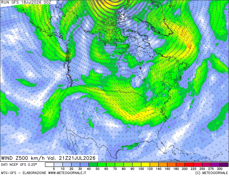 mappa 500 hPa Vento forza e direzione