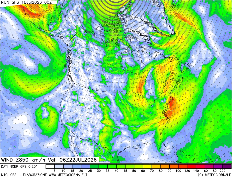 mappa 850 hPa Vento forza e direzione
