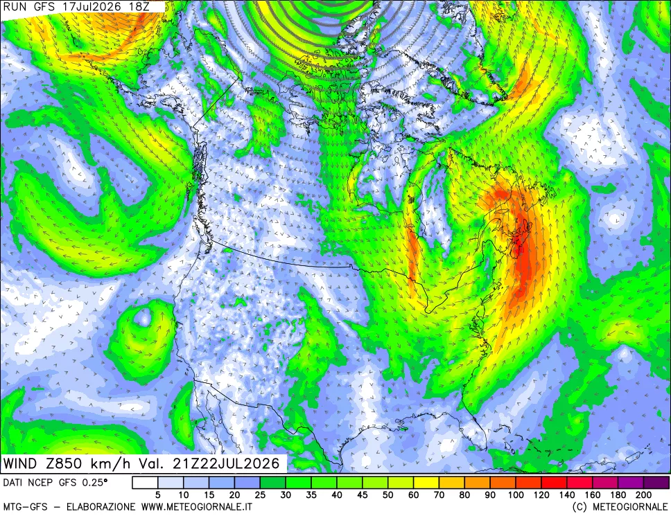 mappa 850 hPa Vento forza e direzione