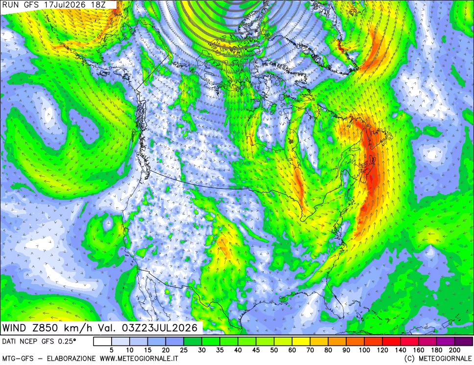 mappa 850 hPa Vento forza e direzione