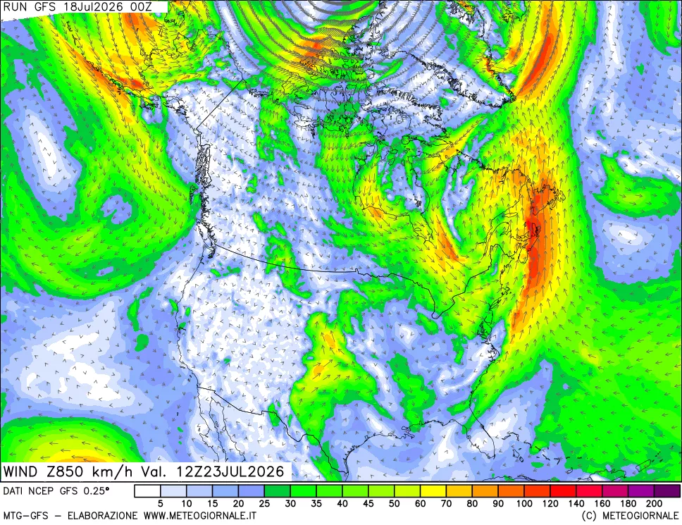mappa 850 hPa Vento forza e direzione