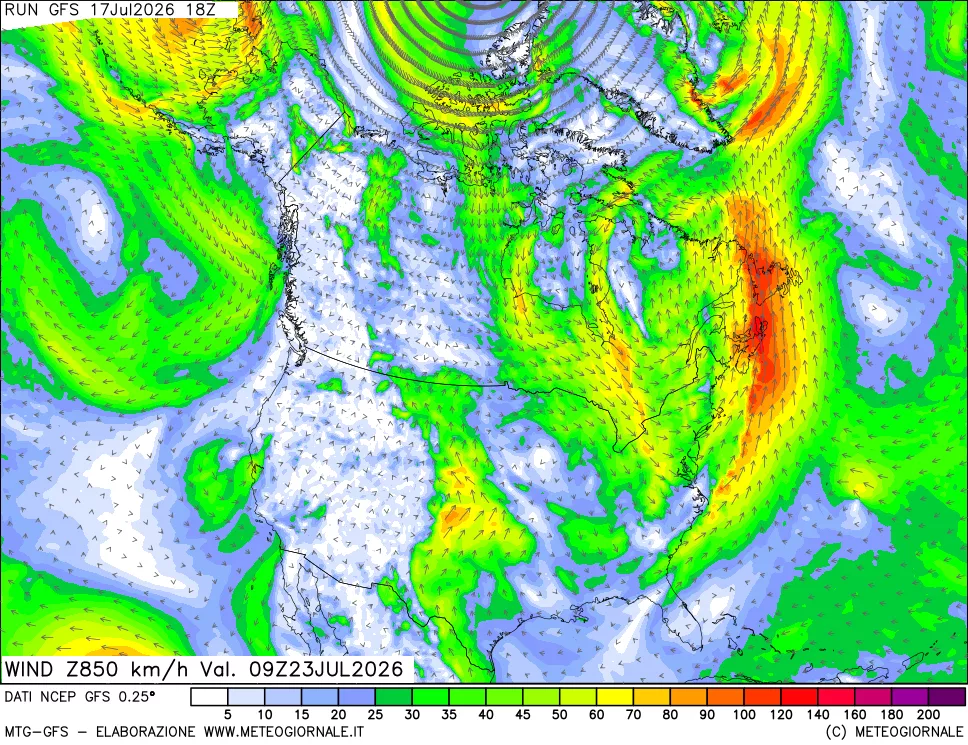 mappa 850 hPa Vento forza e direzione