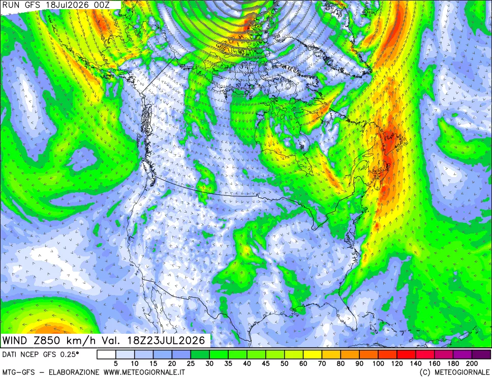 mappa 850 hPa Vento forza e direzione