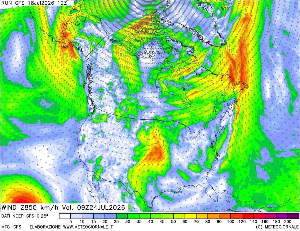 mappa 850 hPa Vento forza e direzione