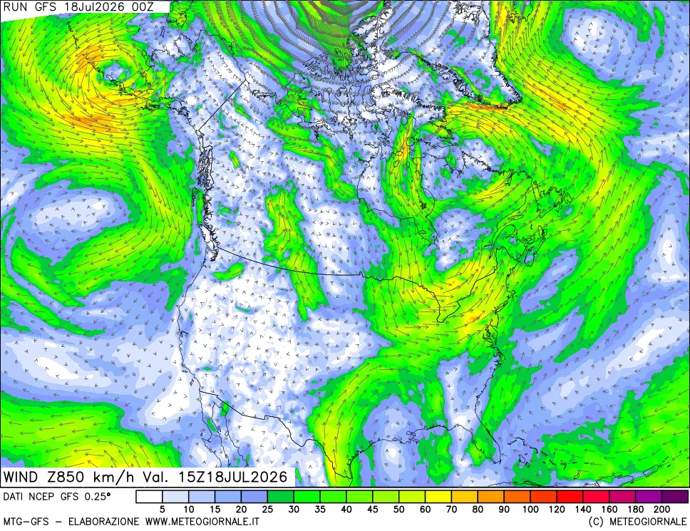 mappa 850 hPa Vento forza e direzione