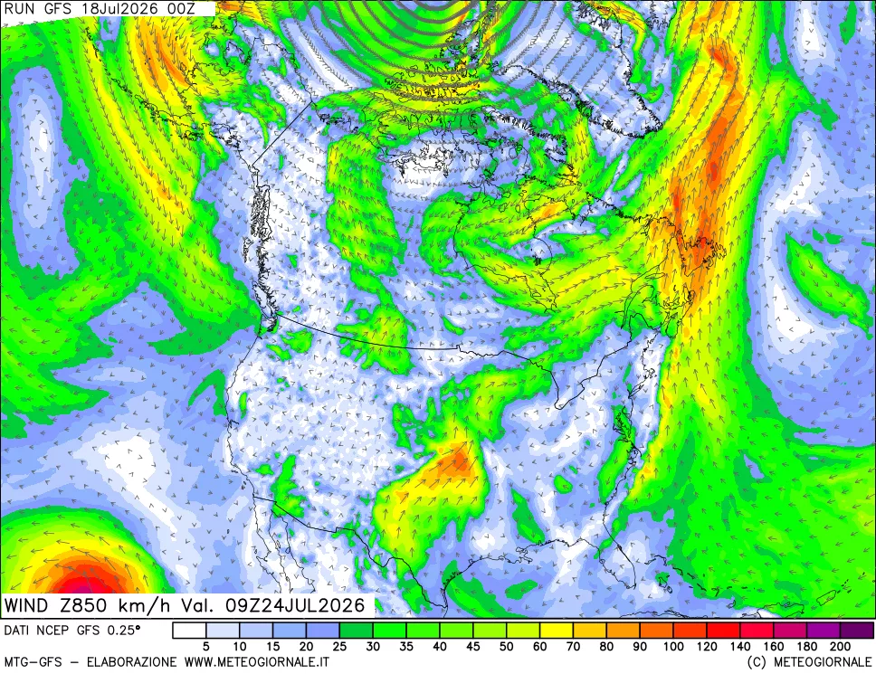 mappa 850 hPa Vento forza e direzione
