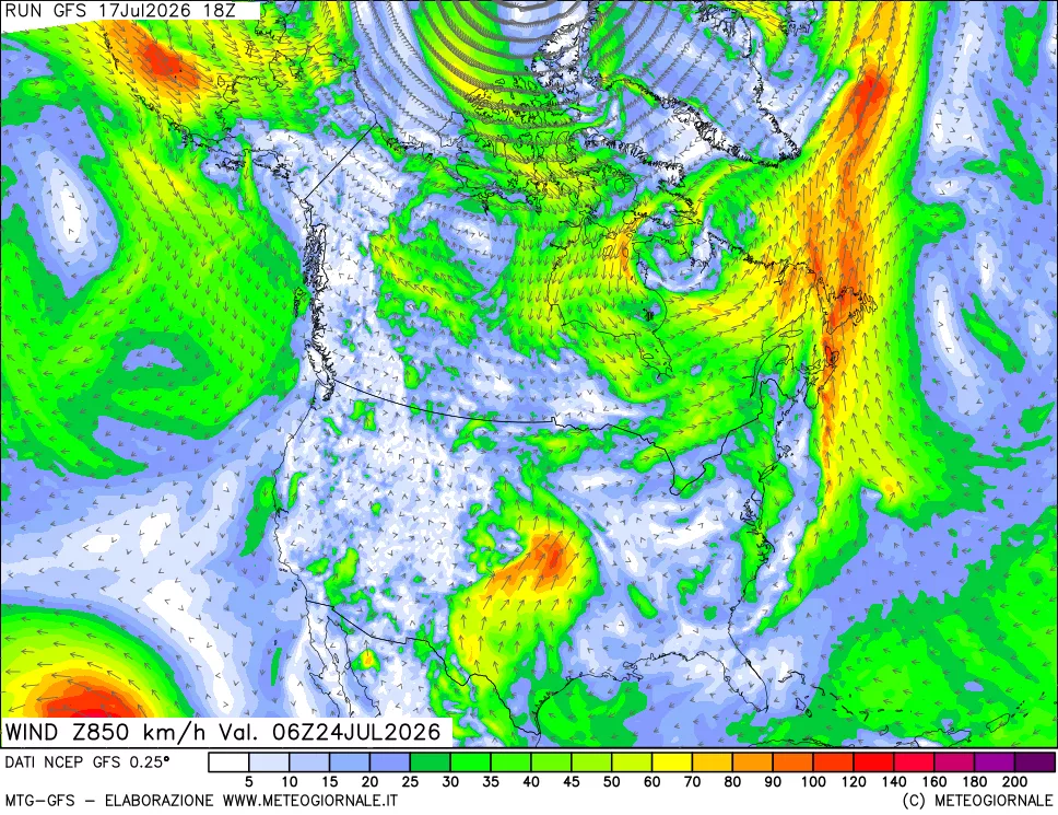 mappa 850 hPa Vento forza e direzione