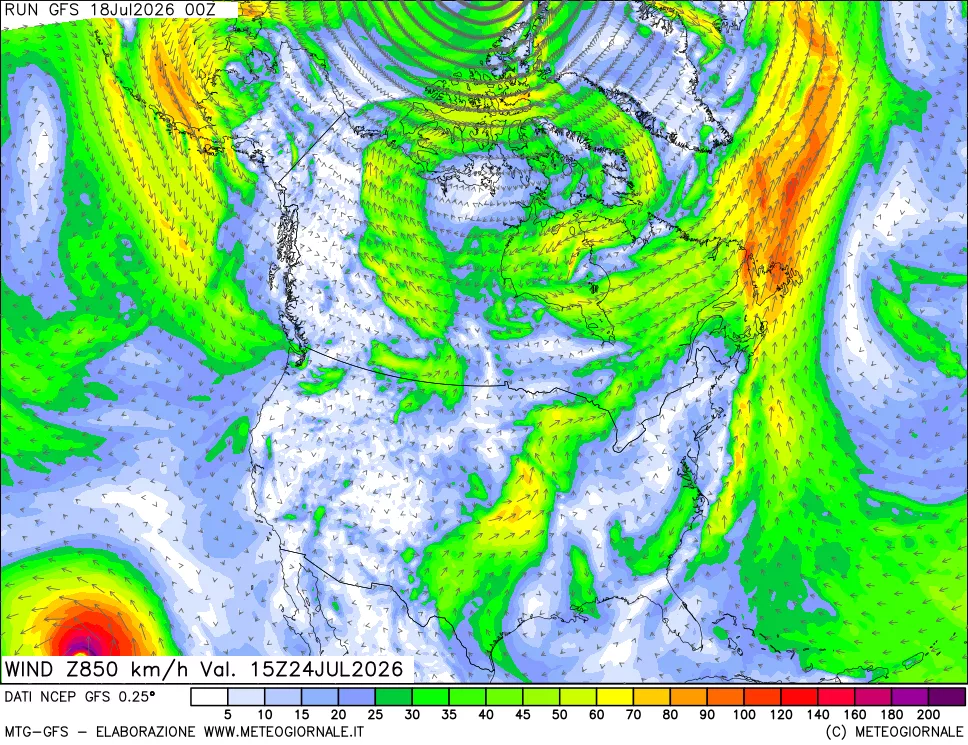 mappa 850 hPa Vento forza e direzione