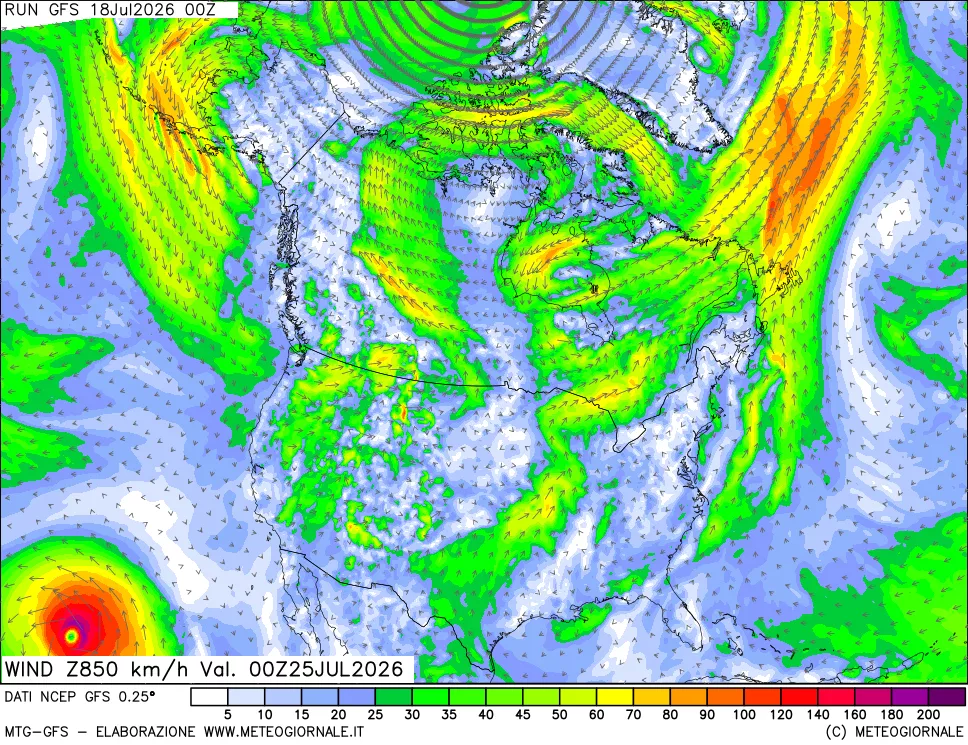 mappa 850 hPa Vento forza e direzione