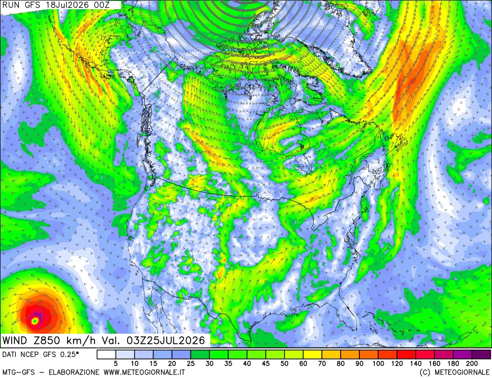 mappa 850 hPa Vento forza e direzione